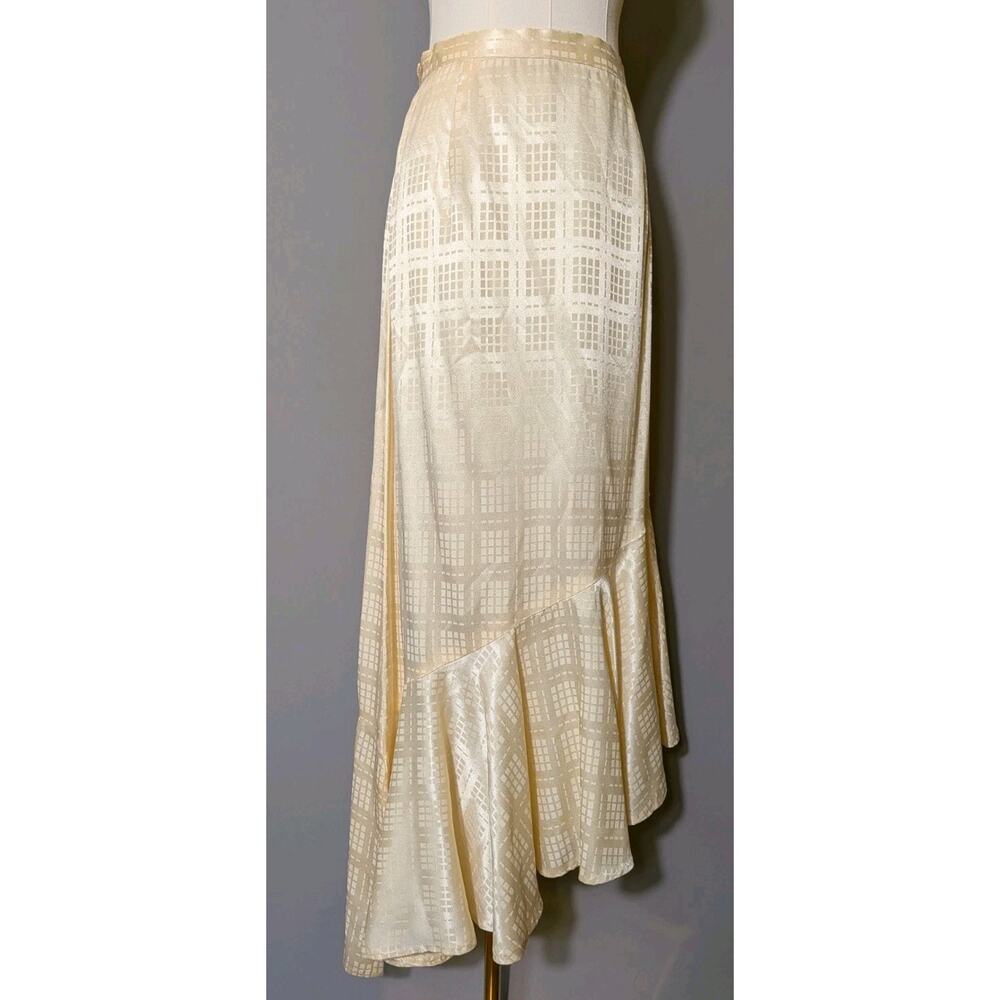 Vintage The Limited Ivory Satin Midi Skirt Asymmetrical Ruffle Hem M (Apprx) Y2K